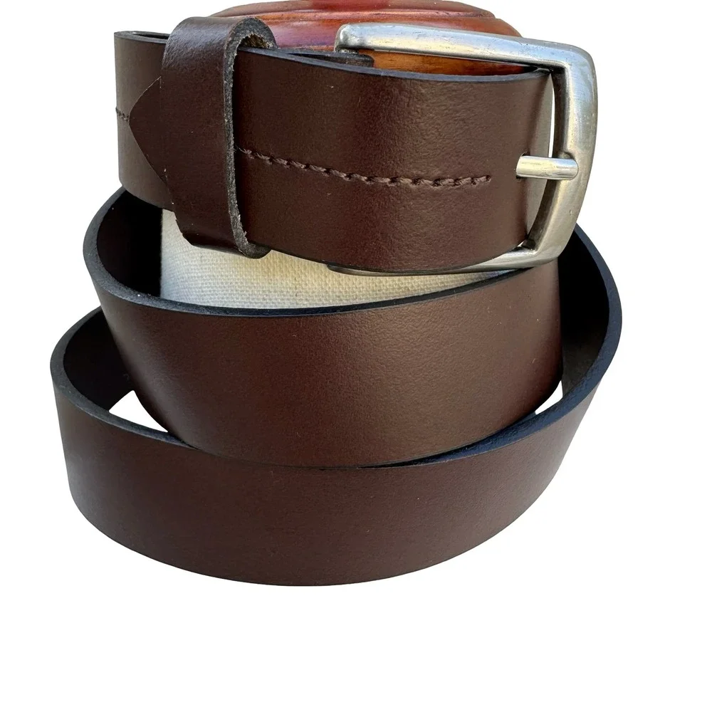 Mens Minimalist Workwear Americana Brown Genuine Leather Belt Silver Buckle L